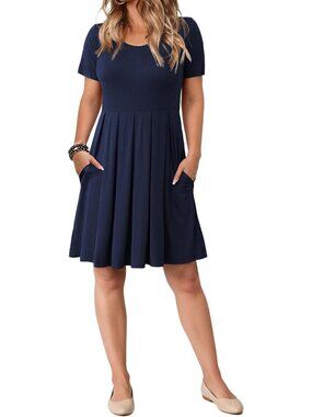 Navy Blue Plus Size 2X Short Sleeve Casual Dress with Pockets & Pleated Design